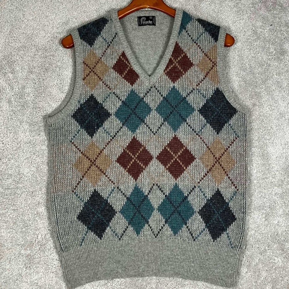 Vintage 80s Sweater Vest Mens L Gray Argyle V-Neck Wool Blend Made USAPrep Ivy